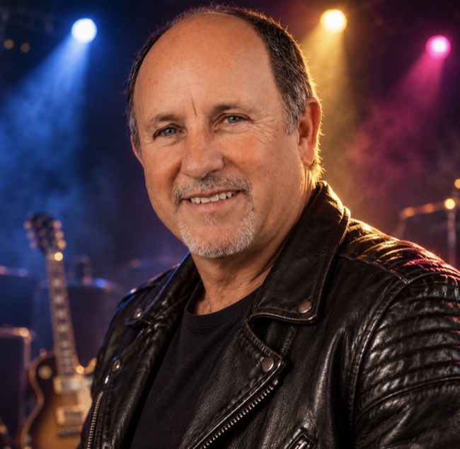 Ron Wright in a black leather jacket with colorful stage lighting